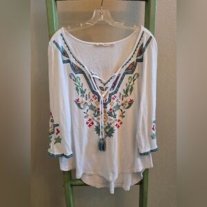 Soft Surroundings White Embroidered Tunic Top, 3/4 Sleeves, Sz XL